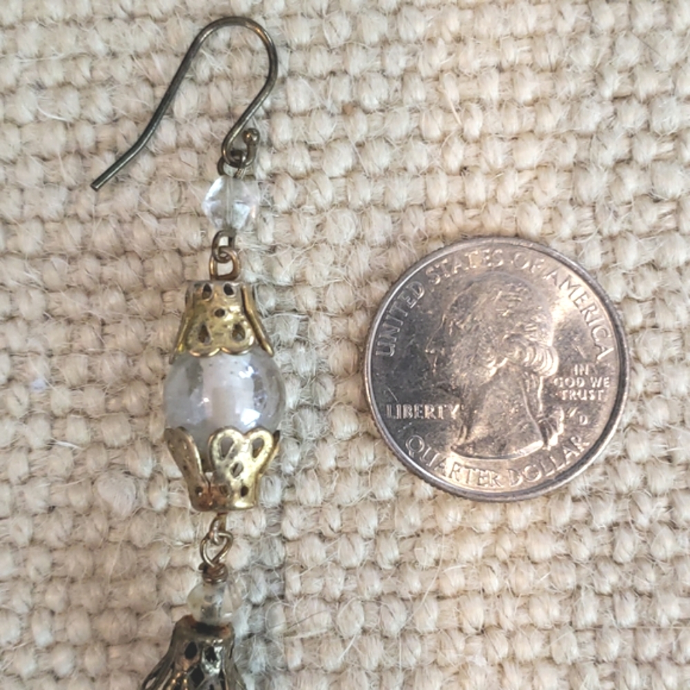 Vintage Gold Brass Chain Tassel Earrings • Marble Bead • Boho Statement Dangles - Picture 6 of 7